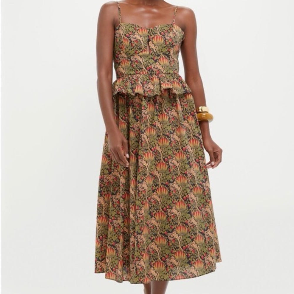 Smocked Bodice Floral Maxi Dress in Olive and Rust